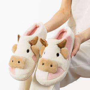 Pink Cow Plush Slippers: Fluffy Warm Winter House Shoes