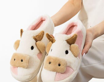Pantuflas de peluche de vaca rosa: pantuflas de invierno cálidas y esponjosas