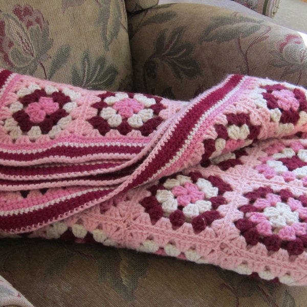 Vintage Pink Roses - Crochet Afghan Blanket Large Beautiful Shades of Rose Granny Squares