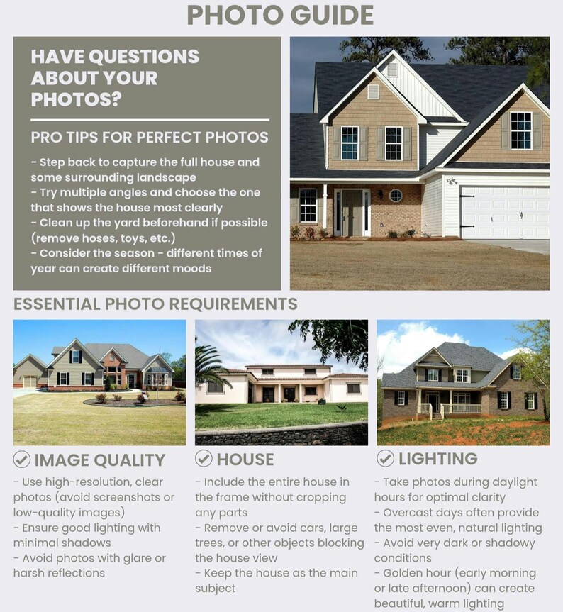 May include: A photo guide with text about taking photos of houses. The guide includes tips for perfect photos, such as capturing the full house and considering the season. It also lists essential photo requirements, including image quality, house presentation, and lighting.