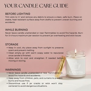 May include: A lit candle in a clear glass jar with a gold lid, labeled "Celestia." The image includes text: "Your Candle Care Guide" with instructions for use, storage, and warnings. The background is a soft pink.