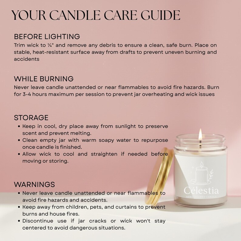 May include: A lit candle in a clear glass jar with a gold lid, labeled "Celestia." The image includes text: "Your Candle Care Guide" with instructions for use, storage, and warnings. The background is a soft pink.