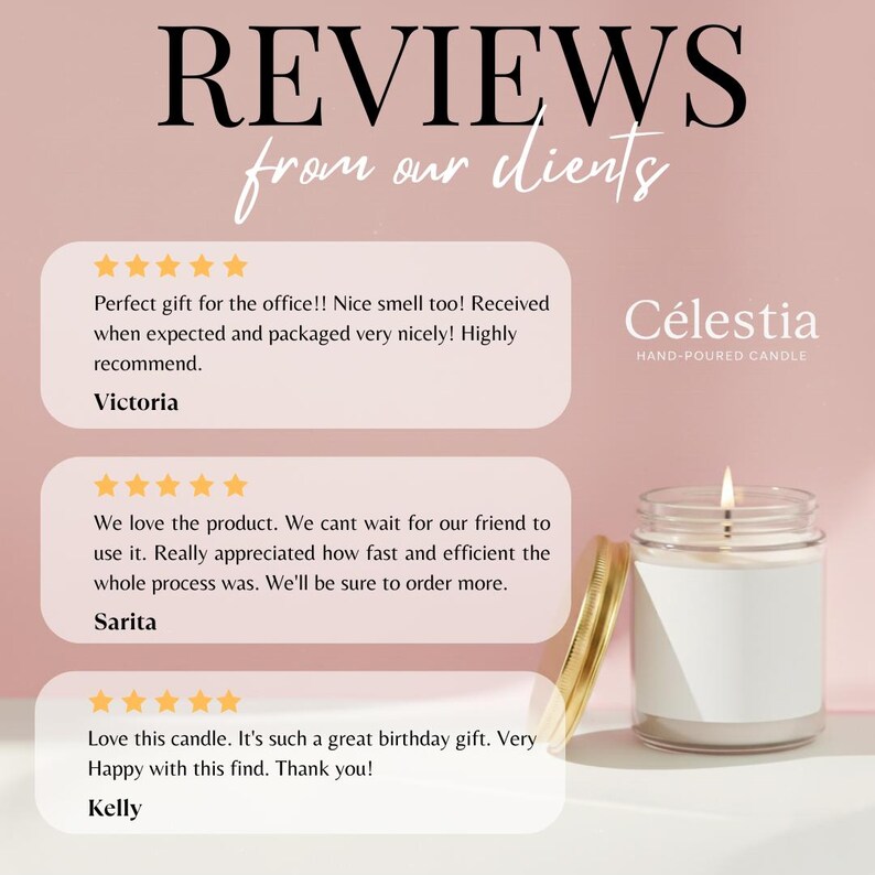 May include: A lit candle in a clear glass jar with a gold lid, set against a soft pink background. The image includes customer reviews and the brand name "C&eacute;lestia, HAND-POURED CANDLE". The reviews are positive.