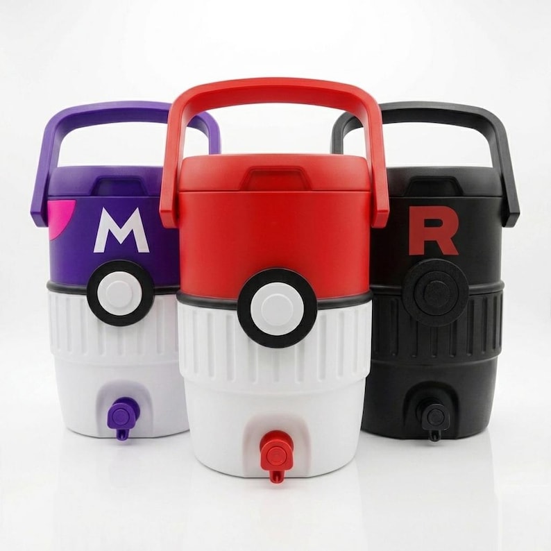 May include: Three colorful water coolers with handles. The coolers are red, purple, and black, with white and black accents. The purple cooler has a white "M", the red cooler has a white circle, and the black cooler has a red "R". Each cooler has a spigot.