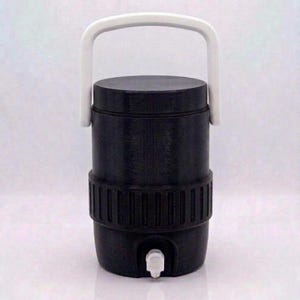 May include: A cylindrical black beverage cooler featuring a solid white arched handle attached to the top. The container has a textured ribbed band around the center and a small white spigot located at the bottom front for dispensing liquids.