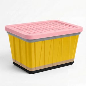 May include: A rectangular storage bin with a bright yellow body featuring vertical ridges, a horizontal tan stripe near the base, and a black bottom edge. The container has a removable pink lid with a textured grid pattern on the top surface.