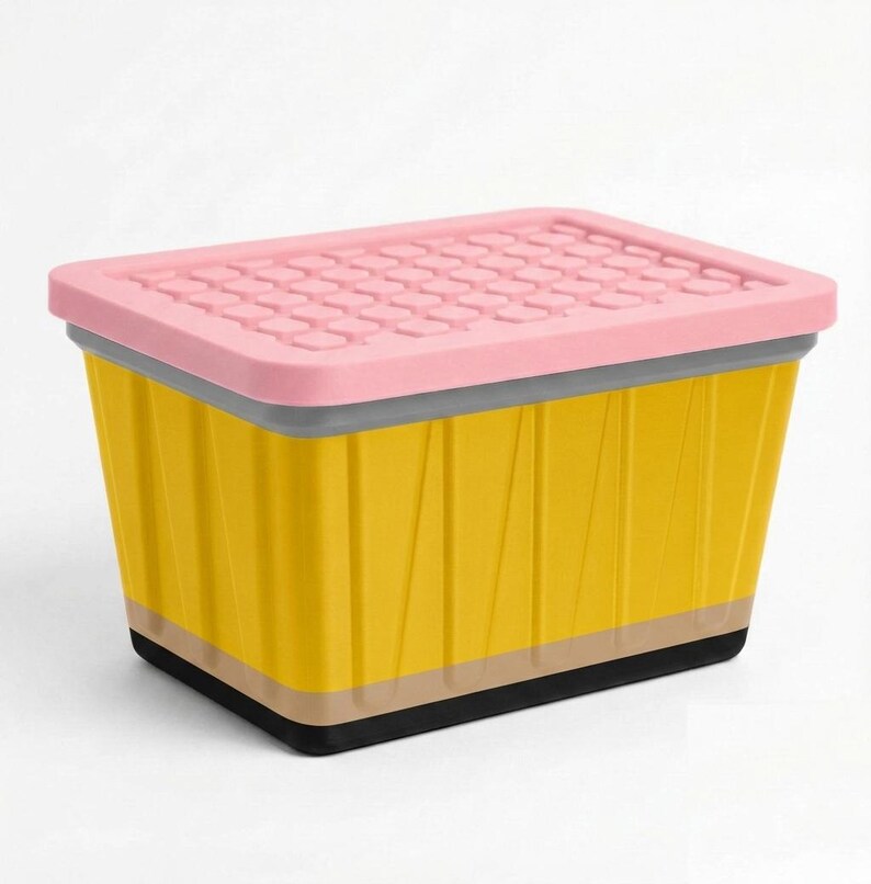 May include: A rectangular storage bin with a bright yellow body featuring vertical ridges, a horizontal tan stripe near the base, and a black bottom edge. The container has a removable pink lid with a textured grid pattern on the top surface.