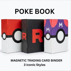 May include: Three magnetic trading card binders in iconic styles. The binders are red, black, and purple with white and black accents. The red binder has a white circle and black accents. The black binder has a large red "R". The purple binder has two "M"s.