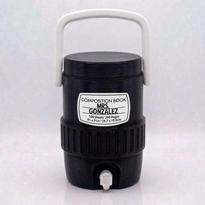 May include: A black cylindrical beverage cooler with a white handle and a white spigot at the base. A white label on the front reads COMPOSITION BOOK, MRS. GONZALEZ, 100 Sheets 200 Pages, 9 3/4 in x 7 1/2 in / 24.7 x 19.0 cm in black text.