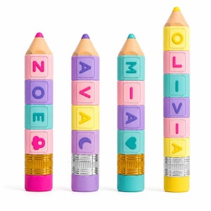 May include: Four vertical pencil-shaped stackable toys in pastel colors. Each features a wooden-colored tip, a silver-colored ferrule, and a colored base. The segments display letters spelling ZOE, AVA, MIA, and OLIVIA, plus flower, moon, and heart icons.