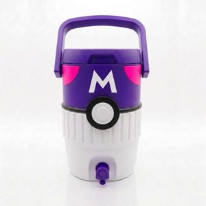 May include: A purple and white cooler with a handle. The cooler has a purple lid with a white "M" and pink accents. The bottom half is white with a spigot. The cooler is designed to keep drinks cold.