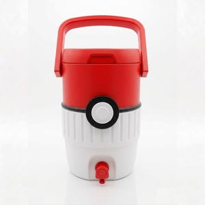 May include: Red and white water cooler with a black and white circular design. The cooler has a red handle and a red spigot. The design resembles a popular cartoon character.