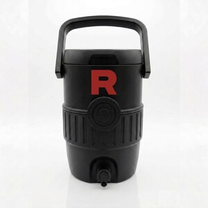 May include: Black water cooler with a handle and a spigot. The cooler has a red "R" on the front. The cooler is cylindrical with a black handle on top.