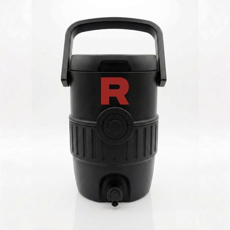 May include: Black water cooler with a handle and a spigot. The cooler has a red "R" on the front. The cooler is cylindrical with a black handle on top.