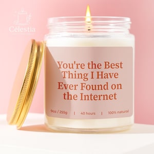 May include: A lit, clear glass jar candle with a gold lid, featuring the text "You're the Best Thing I Have Ever Found on the Internet." The candle is 9oz and burns for 40 hours. The candle is 100% natural.
