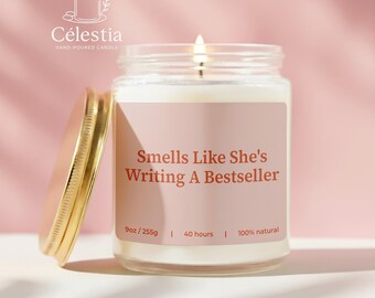 Author Gift She's Writing A Bestseller | Custom Candle Aspiring Poet, Funny Unique Handmade Personalized Care Package Writer's