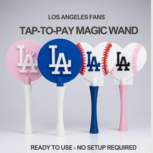 May include: Four "Tap-to-Pay Magic Wand" fans with the Los Angeles Dodgers logo. The fans are in pink, blue, and baseball-themed designs. Text on the image reads "LOS ANGELES FANS" and "READY TO USE - NO SETUP REQUIRED."