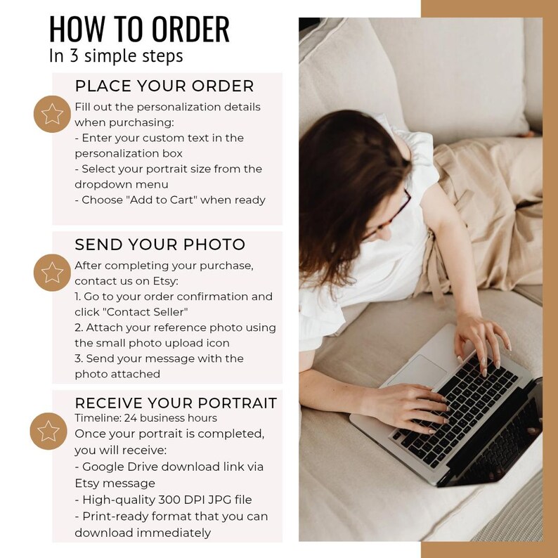 May include: Image with text: "HOW TO ORDER In 3 simple steps." Instructions for ordering a portrait, including personalization, photo submission, and delivery details. A person is using a laptop.
