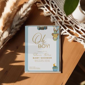 Invitación para baby shower de niño con temática de monos / Plantilla editable de Canva / Invitación imprimible de animales de la selva / Descarga de baby shower azul