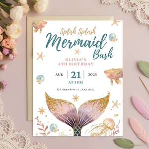 Editable Mermaid Birthday Invitation| Girl 4th Birthday Pool Party Invite| Splish Splash Mermaid Bash Template| Instant Download