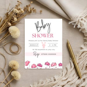 Pink Floral Baby Shower Invitation | Girl Baby Shower Canva Template | Editable Printable Invite | Blush Flower Digital Download