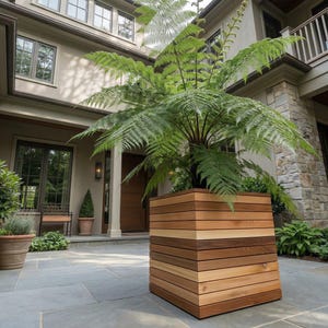 Nowoczesna skrzynka z drewna cedrowego – ręcznie robiona dekoracja ogrodowa, akcent na patio, zrównoważony element ekspozycji kwiatów