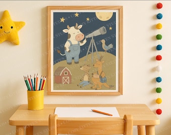 Whimsical Nursery Art Print | Stargazing Cow Astronomer Illustration | Instant Download