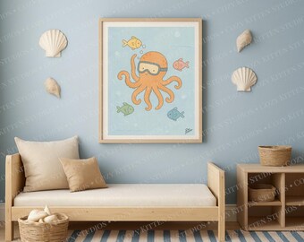 May include: A framed illustration featuring an orange octopus wearing goggles, surrounded by colorful fish. The artwork is set against a light blue background, evoking an underwater scene. The image is part of a nautical or ocean-themed collection.
