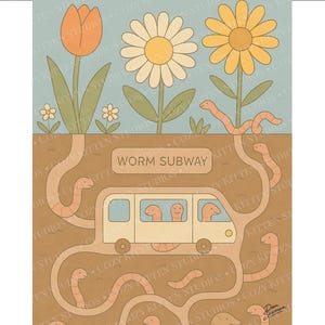 Whimsical Worm Subway Educational Nursery Art Print | Nature-Inspired Kids Room & Playroom Decor | Underground Adventure Digital Download