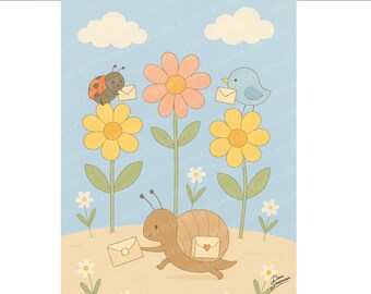 Snail Mail Nursery Art Print | Whimsical Garden Scene (Digital Download)
