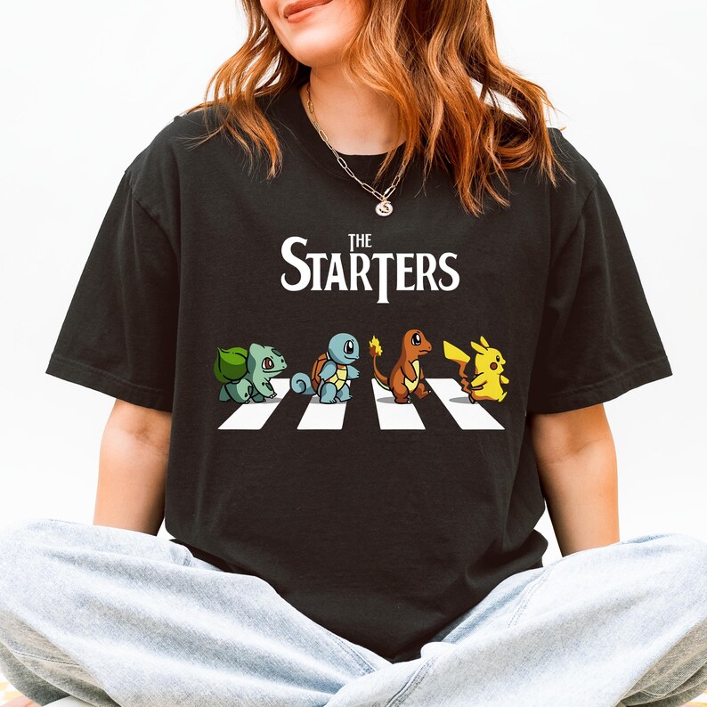 The Starters PKM Shirt, Kawaii Gaming Gift Top for Anime Lovers, Funny Retro Gamer Tee, Abbey Road PKM Anime Graphic Shirts image 10