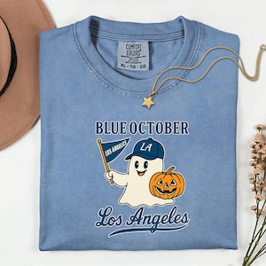 Blue October Shirt, Los Angeles Baseball Ghost Tee, Comfort Colors Shirts, Retro Halloween Sports Gift, Spooky LA Fan Top, Cute Fall Outfit