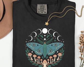 Moth Shirt, Moon Phases Tee, Cottagecore Mushroom Top, Celestial Butterfly, Goblincore Aesthetic, Witchy Gift, Dark Academia, Botanical Tee