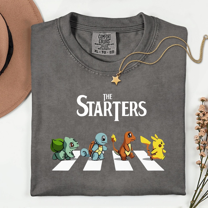 The Starters PKM Shirt, Kawaii Gaming Gift Top for Anime Lovers, Funny Retro Gamer Tee, Abbey Road PKM Anime Graphic Shirts image 1