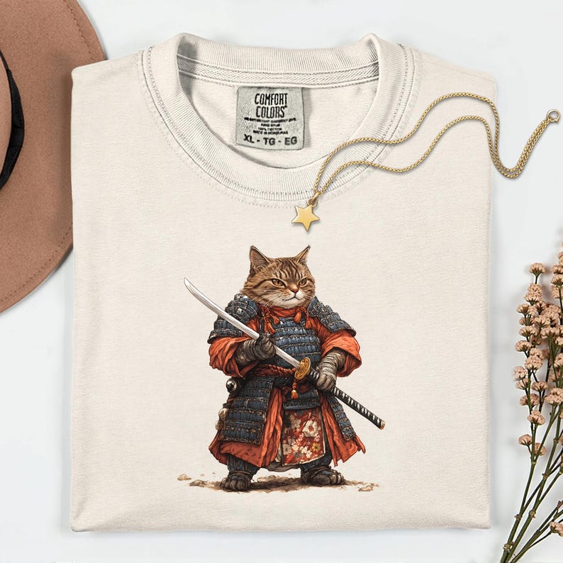 May include: Cream-colored Comfort Colors XL t-shirt featuring a detailed illustration of a cat dressed as a samurai, holding a sword. The cat wears red and black armor. A gold star pendant necklace and a sprig of flowers are also visible.