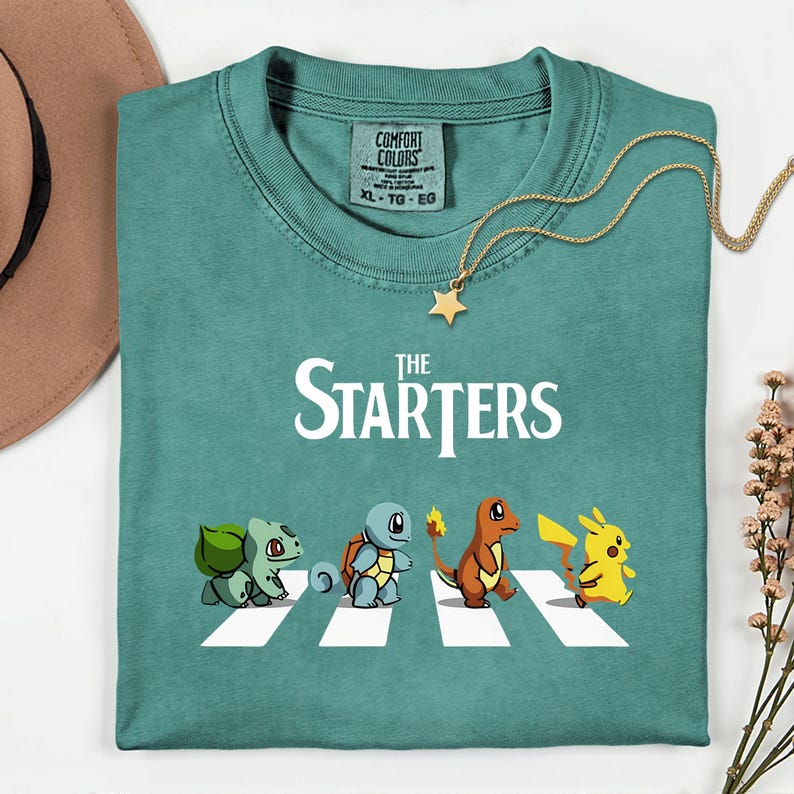 The Starters PKM Shirt, Kawaii Gaming Gift Top for Anime Lovers, Funny Retro Gamer Tee, Abbey Road PKM Anime Graphic Shirts image 7