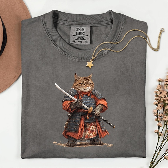 Comfort Colors Samurai Cat Shirt: Oversized Vintage Japanese Tee, Retro Ninja Feline Graphic Tshirt