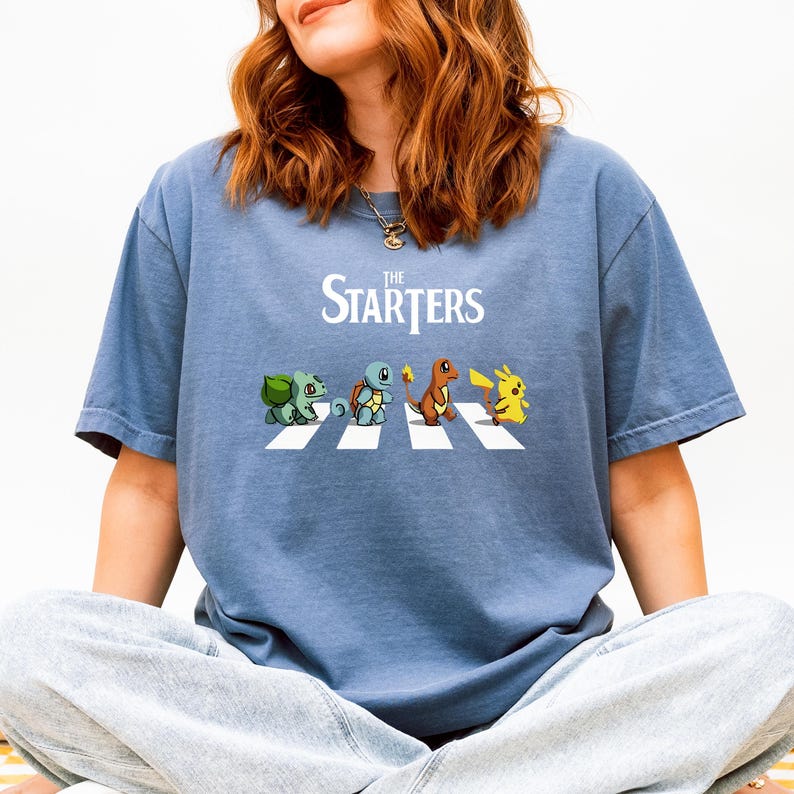 The Starters PKM Shirt, Kawaii Gaming Gift Top for Anime Lovers, Funny Retro Gamer Tee, Abbey Road PKM Anime Graphic Shirts image 6