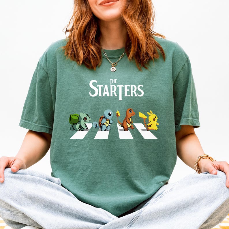 The Starters PKM Shirt, Kawaii Gaming Gift Top for Anime Lovers, Funny Retro Gamer Tee, Abbey Road PKM Anime Graphic Shirts image 8