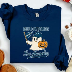 Blue October Sweatshirt, Los Angeles Baseball Crewneck, Cute Ghost Halloween Sweater, Retro Spooky Sports Gift, LA Fan Pullover
