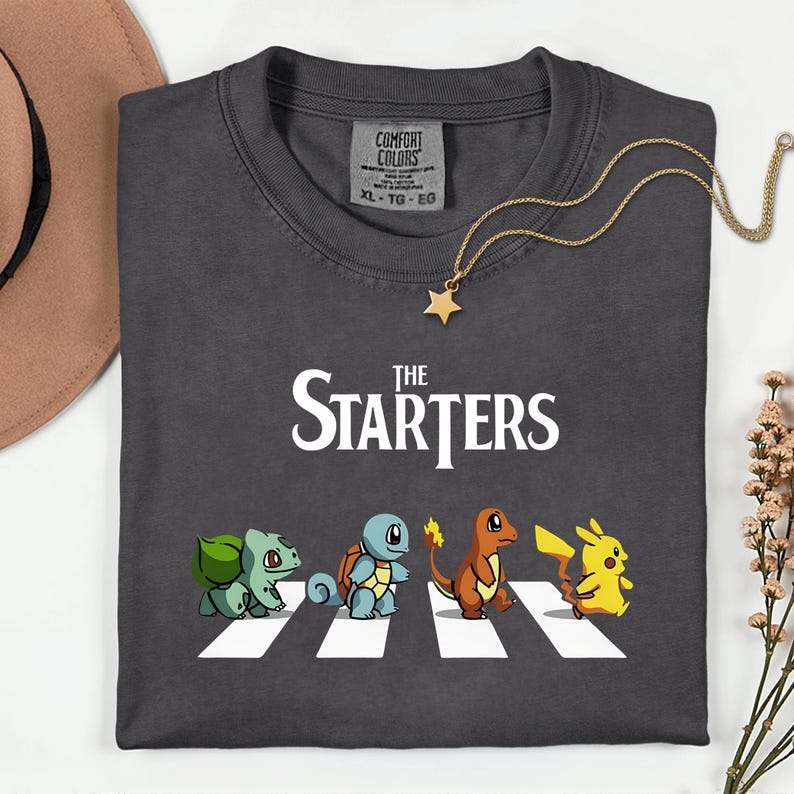 The Starters PKM Shirt, Kawaii Gaming Gift Top for Anime Lovers, Funny Retro Gamer Tee, Abbey Road PKM Anime Graphic Shirts image 13
