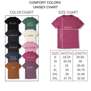 May include: A color chart and size chart for unisex t-shirts. The color chart displays t-shirts in various colors, including black, graphite, pepper, blue jeans, and yam. The size chart shows measurements for width and length in inches.