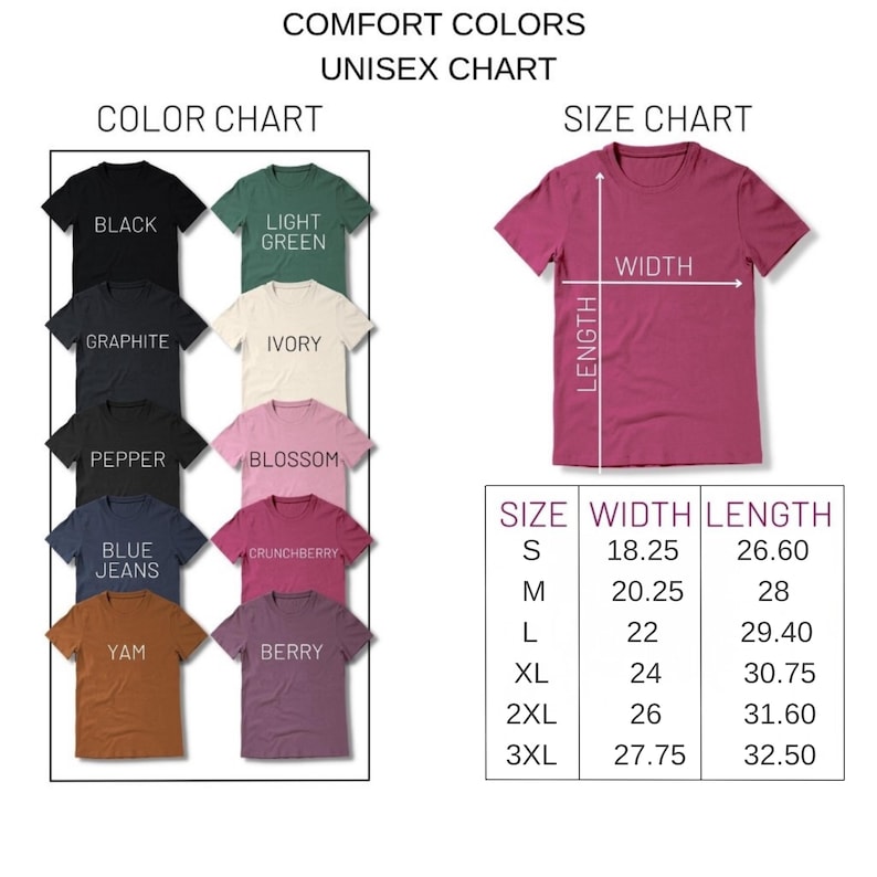May include: A color chart and size chart for unisex t-shirts. The color chart displays t-shirts in various colors, including black, graphite, pepper, blue jeans, and yam. The size chart shows measurements for width and length in inches.