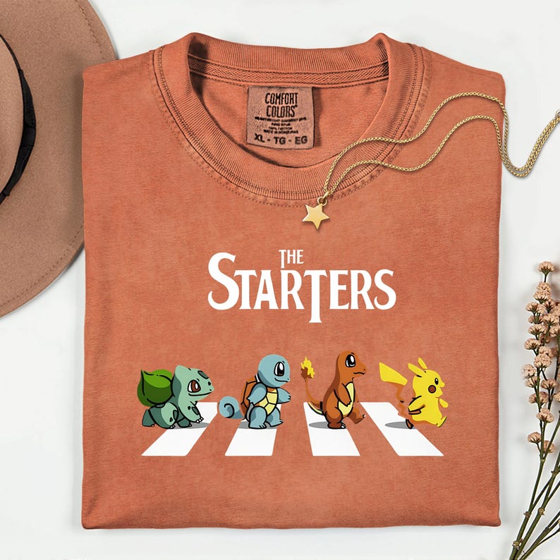 The Starters PKM Shirt, Kawaii Gaming Gift Top for Anime Lovers, Funny Retro Gamer Tee, Abbey Road PKM Anime Graphic Shirts image 11