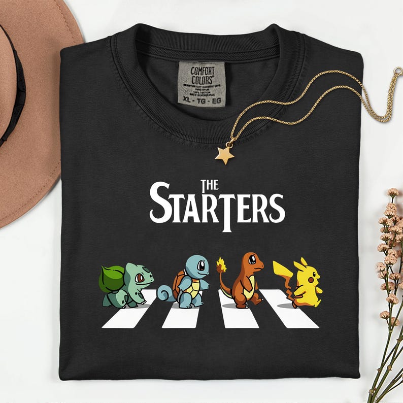 The Starters PKM Shirt, Kawaii Gaming Gift Top for Anime Lovers, Funny Retro Gamer Tee, Abbey Road PKM Anime Graphic Shirts image 9