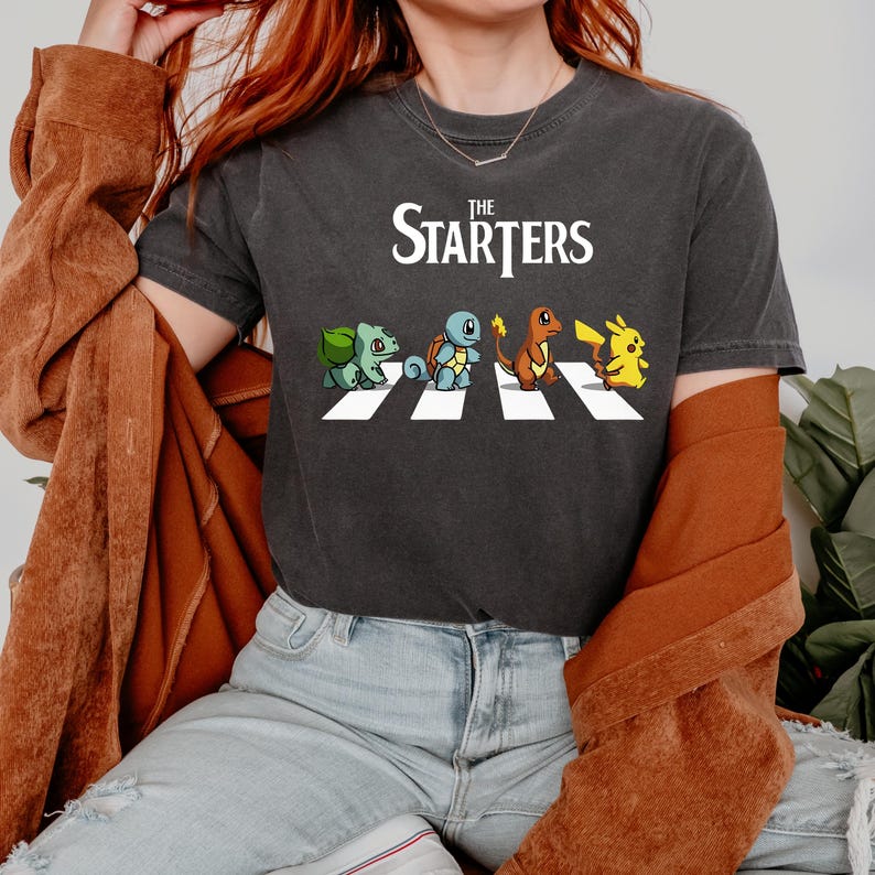 The Starters PKM Shirt, Kawaii Gaming Gift Top for Anime Lovers, Funny Retro Gamer Tee, Abbey Road PKM Anime Graphic Shirts image 2