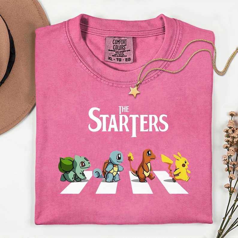 The Starters PKM Shirt, Kawaii Gaming Gift Top for Anime Lovers, Funny Retro Gamer Tee, Abbey Road PKM Anime Graphic Shirts image 17