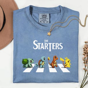 The Starters PKM Shirt, Kawaii Gaming Gift Top for Anime Lovers, Funny Retro Gamer Tee, Abbey Road PKM Anime Graphic Shirts image 5
