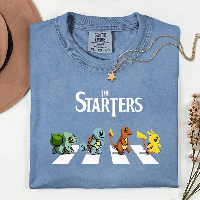 The Starters PKM Shirt, Kawaii Gaming Gift Top for Anime Lovers, Funny Retro Gamer Tee, Abbey Road PKM Anime Graphic Shirts image 5