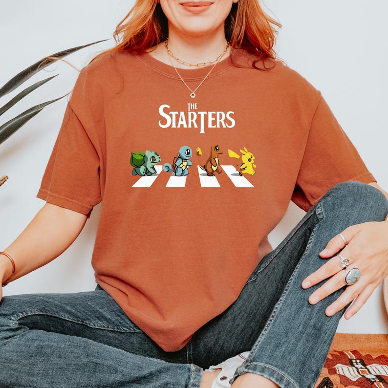 The Starters PKM Shirt, Kawaii Gaming Gift Top for Anime Lovers, Funny Retro Gamer Tee, Abbey Road PKM Anime Graphic Shirts image 12